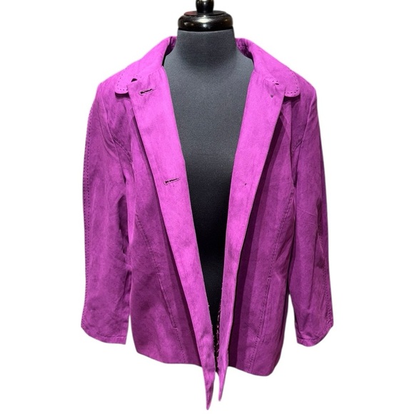Maggie Barnes Faux Suede Jacket 0X 14/16W Purple Animal Print Lining NWOT - Picture 3 of 7